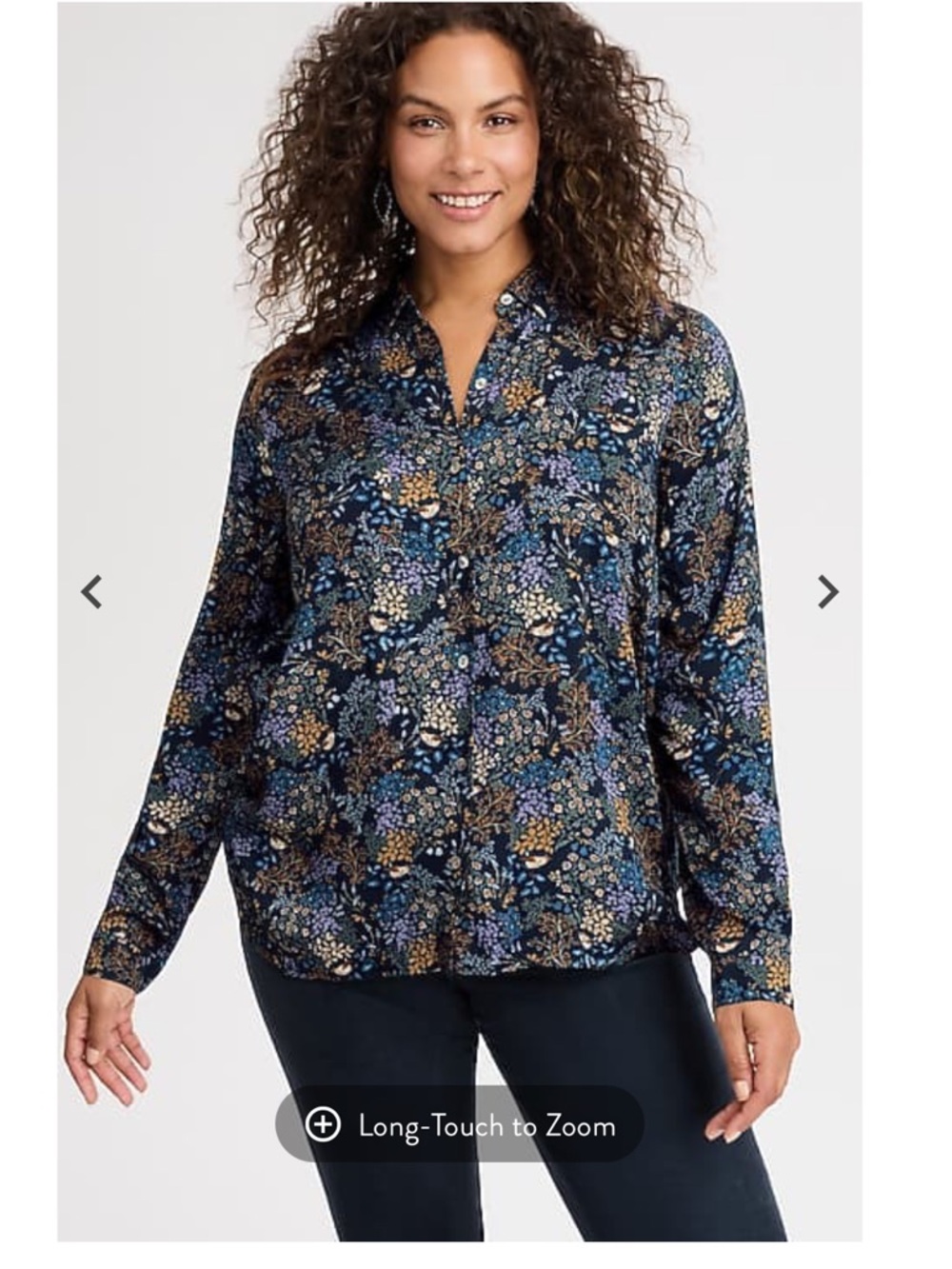 J. Jill Soft-Luxe Lenzing Shirt Navy Blue Botanical Birds. Size Medium.